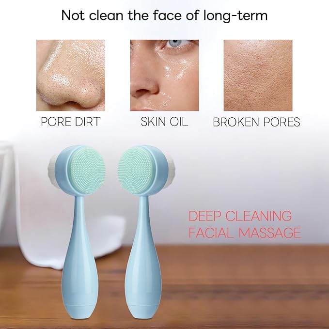 Face Brush 2 in 1, Facial Cleansing Brush Double Sides, Facial Exfoliation Scrub Brush Silicone Manual Face Scrubber Brush for Gentle Deep Pore Cleansing, Skincare (Sky Blue, 2 Pack)