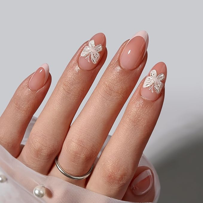 BTArtbox Press On Nails Short - 3D Butterfly French Tip Almond Press On Nails with Glue for Women, Opaque Soft Gel Glue On Nails in 16 Sizes - 32 Stick On Nails Kit, Last Dance
