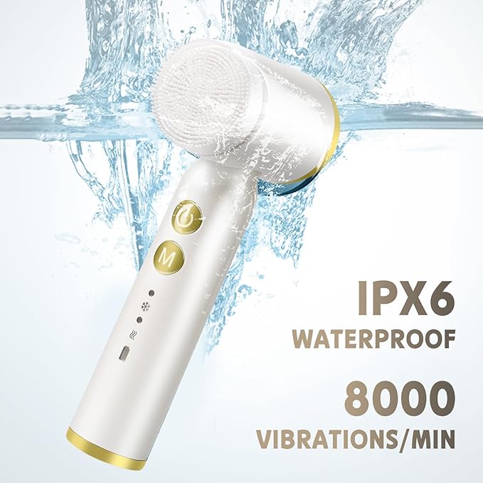Landmore Facial Cleansing Brush, 8 in 1 Spin Face Wash Brush Rechargable Waterproof Face Scrubber with 6 Brush Heads, 3 Speeds for Deep Cleansing, Exfoliator, Thermal & Cold Massager Skin Care, White
