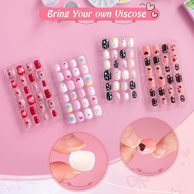 krofaue Press on Nails for Kids - 96pcs 4 Pack Children Fake Nails Kids Girls Stick on Nails for Kids Full Cover Cute Pre-Glue Acrylic Fake Fingernails Kits Sets Little Girls Short Nail Decoration