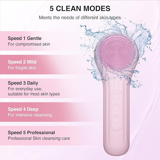 5 Modes Silicone Face Scrubber, Waterproof Face Scrubber Exfoliator for Men & Women, Rechargeable Electric Facial Cleansing Brush for Deep Cleansing, Exfoliating, Massage (Pink)