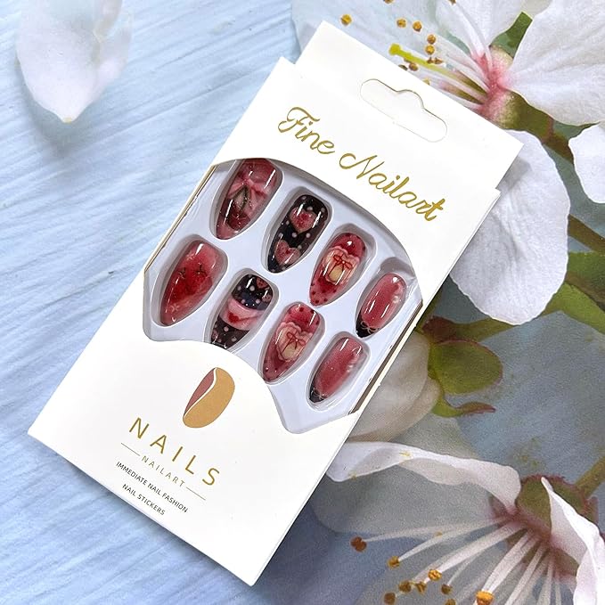Press on Nails Almond Medium Cute Bow Cherry and Envelope Red Lips Pattern Design French Tip Acrylic False Nail Pink Artificial Fingernails Full Cover Glossy Artificial Stick on Nails for Women