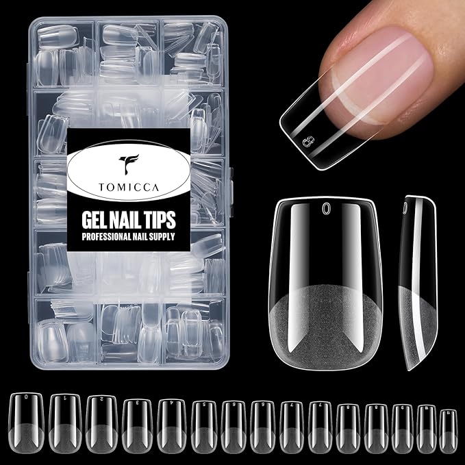 TOMICCA Short Square Nail Tips Acrylic Nails 240Pcs Acrylic Nail Kit Gel Nail Tips 12 Sizes Pre-shape Short Clear Fake Nails for Nail Extension Art Home DIY