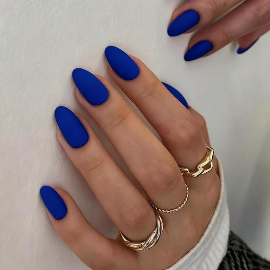 Matte Royal Blue Press on Nails Short Almond Fake Nails Press ons, Thick Solid Color Glue on Nails Short False, Medium Almond Oval Round Shaped for Women, 24Pcs Natural Acrylic Gel Nail
