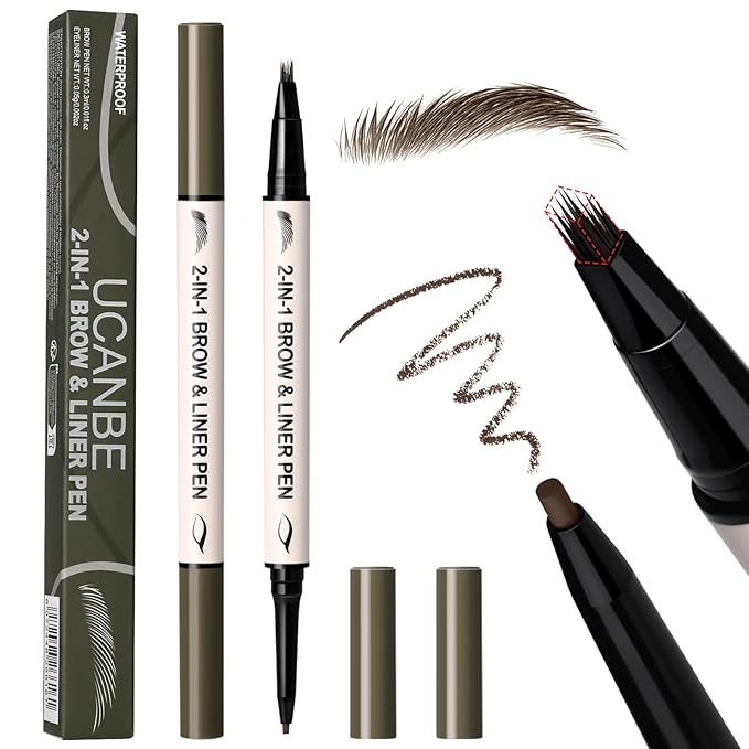 UCANBE 2-in-1 Eyebrow Pen & Gel Eyeliner Pencil – Microblading Eye Brow Pencil with Brow-Fection Angled Brush Tip + 1.5mm Ultra-Fine Eye Liner, Waterproof, Quick-Dry, Long Lasting (Dark Brown)