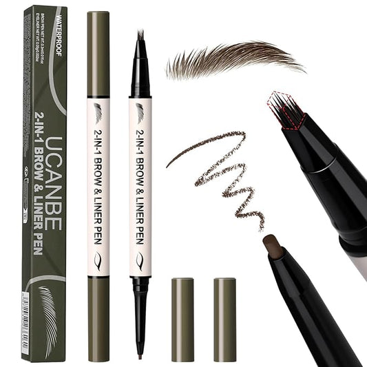 UCANBE 2-in-1 Eyebrow Pen & Gel Eyeliner Pencil – Microblading Eye Brow Pencil with Brow-Fection Angled Brush Tip + 1.5mm Ultra-Fine Eye Liner, Waterproof, Quick-Dry, Long Lasting (Dark Brown)