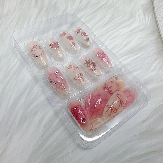 24Pcs Press on Nails Medium with Handmade Pearl Heart Star Design Pink Smudged Almond Nail Shape Acrylic Nails False Nails French Manicure Nail Tips Rhinestones Love Stick on Nails for Women