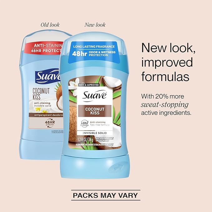 Suave Antiperspirant Deodorant for Women, Coconut Kiss 2-Pack – Anti-Staining Invisible Solid Sticks, Talc-Free, 1.2 Oz Ea