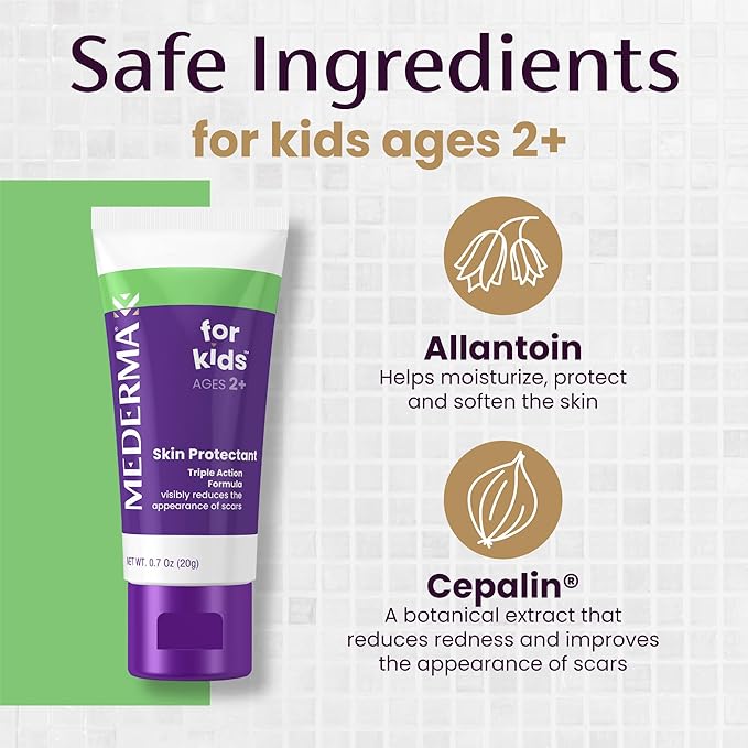 Mederma Scar Gel for Kids - Reduces Appearance of Old & New Scars from Cuts, Burns, Surgery, Insect Bites & Scrapes, Grape Scented, Goes on Purple & Rubs in Clear, Ages 2+, 0.70 Oz
