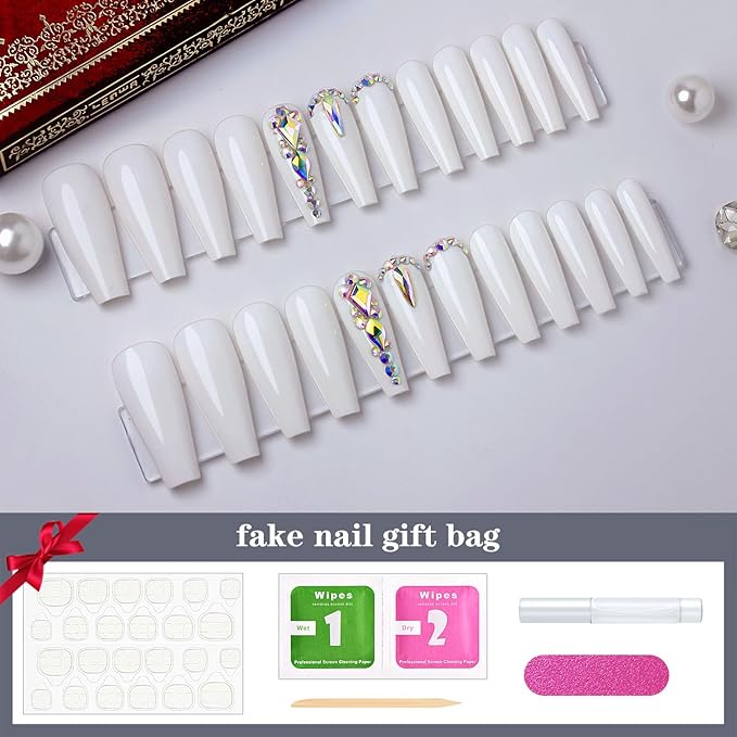 Yivaiks 24 PCS White Coffin Press on Nails Long Nails,Rhinestone Crystal Fake Nails with Nail Glue on Nails for Women,Ballerina Acrylic Nails Glossy False Nails