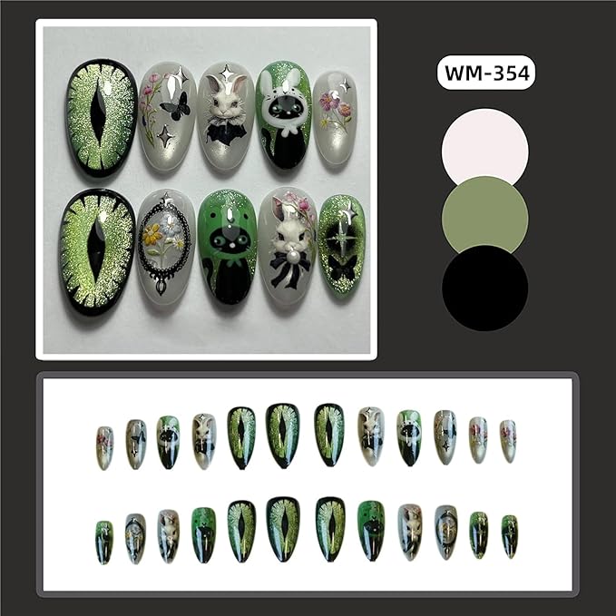 Medium Almond Press on Nails Cat eye Fake Nails Green Silver Glitter Artistic Nail Floral Butterfly Stick on Nail for Women 24pcs