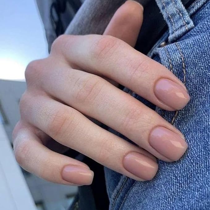 Modelones 32Pcs Peach Pink Press on Nails, Christmas Short Square Fake Nails, Reusable Nail Kit with Nail Glue Adhesive Tabs Mini Nail File, Nails Press Ons 16 Sizes