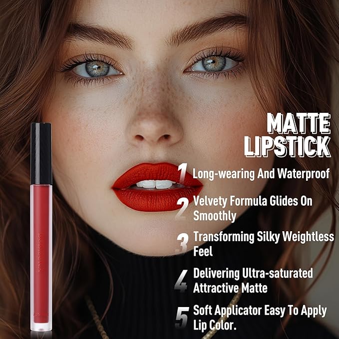 BOBISUKA Eyeshadow + Matte Lipstick Makeup Kit, 6 Colors Pink Rose Plum Shimmer Matte Gold Metallic Eye Shadow Pallet with Red Liquid Lipstick Makeup Set for Halloween, Daily,Parties, Concert