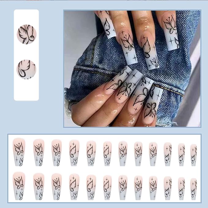 Hkanlre Fake Nails Long Coffin Butterfly Press on Nails Matte Acrylic Full Cover Ballerina False Nails for Women and Girls 24PCS