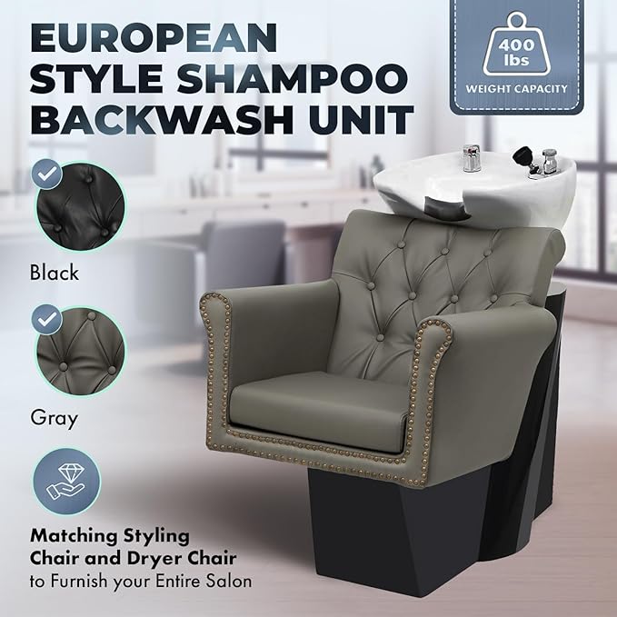Buy-Rite Chelsea Backwash Unit – Tilting White Porcelain Shampoo Bowl, Gray Tufted Vinyl Chair, Brass Nailhead Trim, Removable Seat Cushion, European Faucet