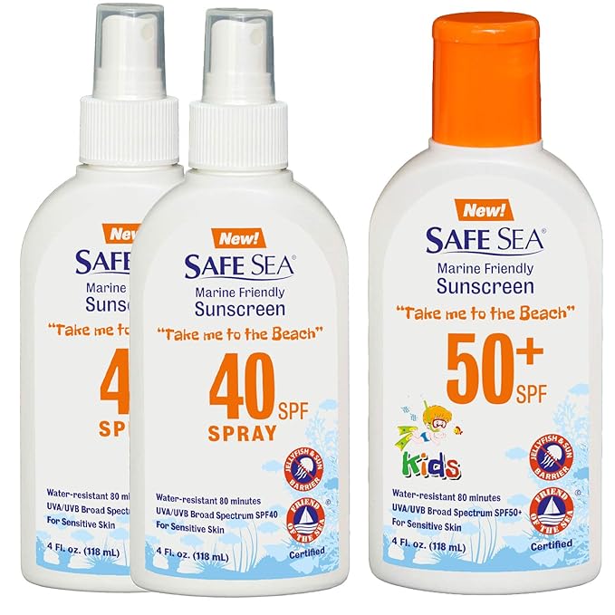 Safe Sea Anti-jellyfish Sting Protective Lotion- 2 SPF40 spray + 50 SPF kids- Hypoallergenic Jellyfish & Sea Lice Prevention Sunscreen (for Kids