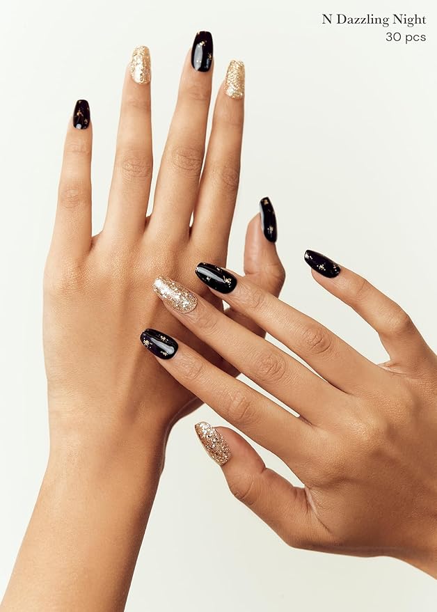 ohora Semi Cured Gel Nail Strips (N Dazzling Night) - Black, Glitter, Works with Any UV/LED Lamps, Salon-Quality, Long Lasting, Easy to Apply & Remove - Includes 2 Prep Pads, Nail File & Wooden Stick