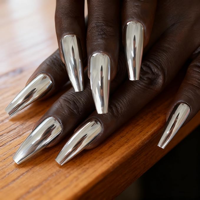 Super Long Shiny Punk Style Silver Coffin Ballerina Press on False Nails Metallic Acrylic Nails Reflective Mirror Nail Art Tips for party show