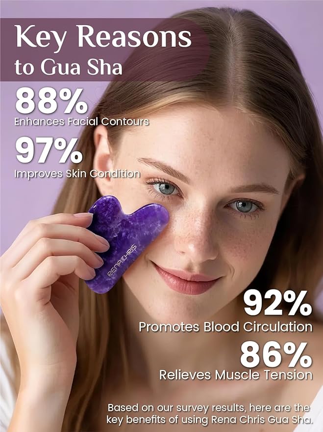 Rena Chris Gua Sha Facial Tools: Natural Amethyst Guasha Tool for Face Acupuncture Therapy, Facial Massager for Jawline Sculpting and Puffiness Reducing (Purple)