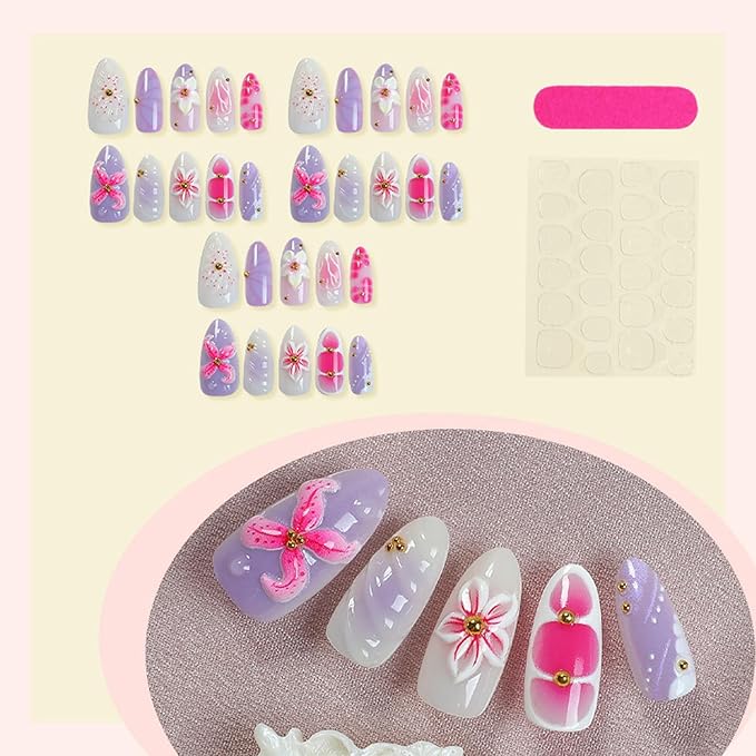 30Pcs Handmade Jelly Press On Nails Medium Almond Fake Nails Nail Art Tip Summer Holiday Pink 3D Flower Steel Design Gold Charms Nail Set, Floral Press Ons French Style Cute Artificial Nails for Women