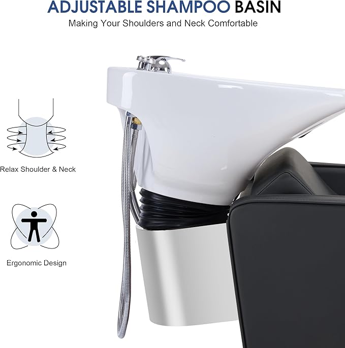 BarberPub Backwash Shampoo Chair and Bowl Set, Adjustable Porcelain Ceramic Hair Wash Bowl Sink Unit, Shampoo Station Chair for Spa Beauty Salon Hair Salon Equipment 9370 (Black&White Bowl)