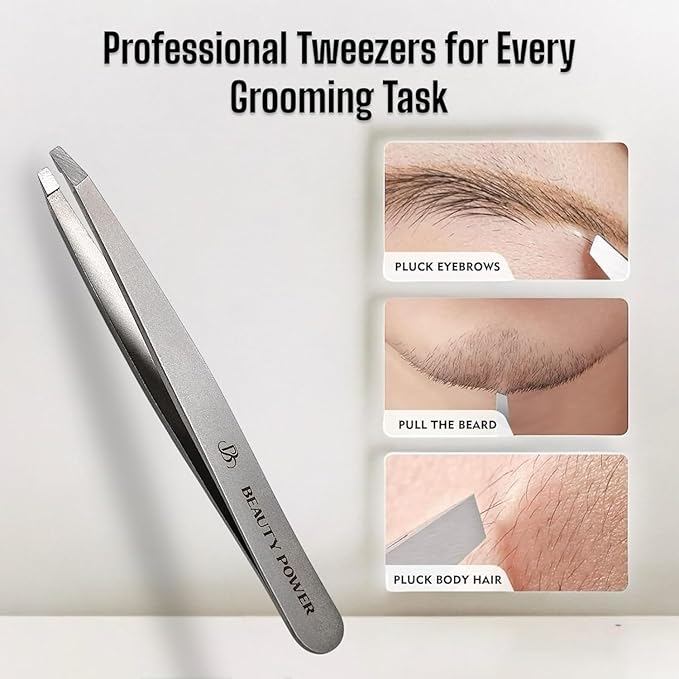 Professional Tweezers in Case - Slant, Durable Lightweight German Stainless Steel, Ultra Precision Tweezers for Eyebrows, Facial Hair, Chin, and Ingrown Hair Removal - Gift (Matte Gray)