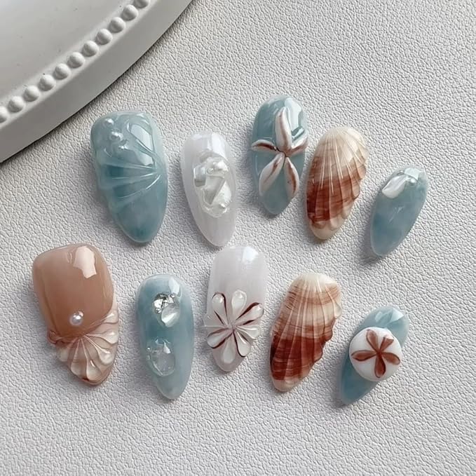 30Pcs Summer Press on Nails Medium Almond Fake Nails with 3D Pearl Ice Flower Shell Design White French Tip Acrylic False Nails Spring Floral Blue Ombre Full Cover Stick on Nails for Women