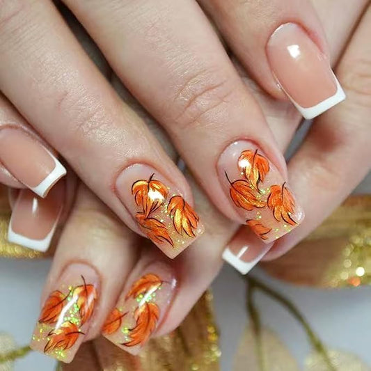 24Pcs Fall Press on Nails Short Square Thanksgiving Fake Nails with Glitter Autumn Maple Leaves False Nails French Tip Stick on Nails Fall Artificial Acrylic Nail Tips for Women Holiday Nail Decor