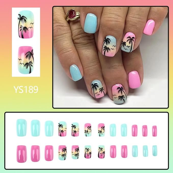 Summe Press on Nailsr Short Square Fake Nails Palm Tree False Nails Blue Pink Glossy Full Cover Acrylic Glue on Nails Cute Artificial Stick on Nails for Women Manicure 24 Pcs