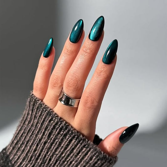 IMRAIN Cat's Eye Press on Nails Medium Almond Fake Nails Dark Blue Glossy Glue on Nails Full Cover Acrylic False Nails Stick on Nails Stiletto Artificial Nail Supplies for Women Girls 24Pcs