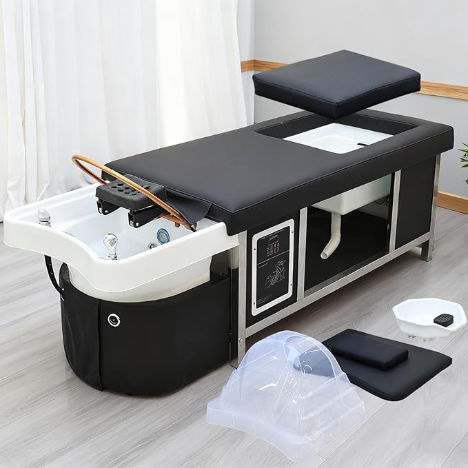 Head Spa Bed with Footbath, Japanese Headspa Equipment with Water Circulation & Fumigation, Light Therapy Massage Table for Barbershop, Salon Station,Foot Bath