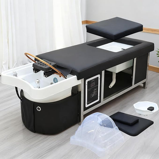 Head Spa Bed with Footbath, Japanese Headspa Equipment with Water Circulation & Fumigation, Light Therapy Massage Table for Barbershop, Salon Station,Foot Bath