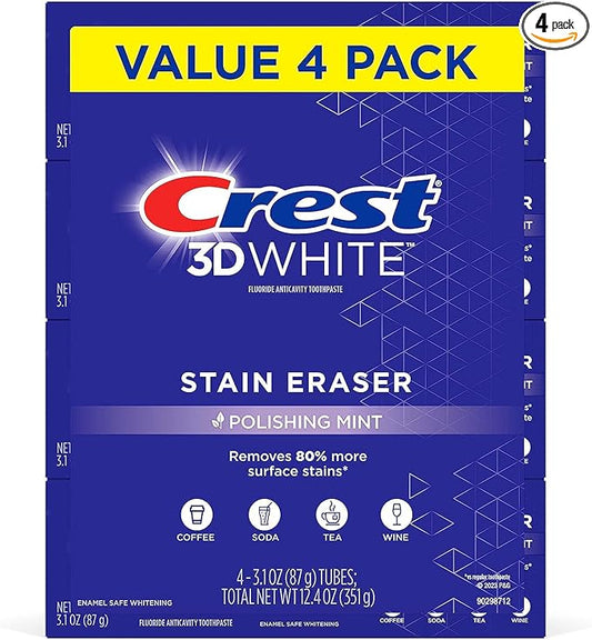 Crest 3D White Stain Eraser Teeth Whitening Toothpaste, Polishing Mint, 3.1 oz (Pack of 4)