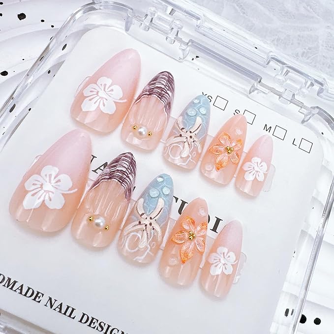 24Pcs Summer Beach Press on Nails Medium Almond Fake Nails with 3d Starfish Designs Hibiscus Flower Acrylic Nails Full Cover French Nail Tips Pearl Rhinestone Stick on Nails for Women Nail Supplies