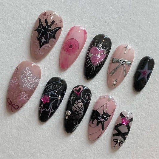 24Pcs Goth Press on Nails Medium Almond Fake Nails Bow Bat Cat with Rhinestones Glitter Design Full Cover Black Pink Stick on Nails Artificial Y2k Nails Halloween False Nails for Women Acrylic Nails
