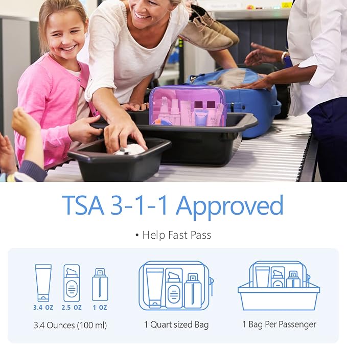 PACKISM TSA Approved Toiletry Bag - 3 Pack Quart-sized Clear Toiletry Bag with Zipper, Clear Makeup Bags Fit Travel Size Toiletries, Carry-onTravel Bags, Light Pinkish Purple
