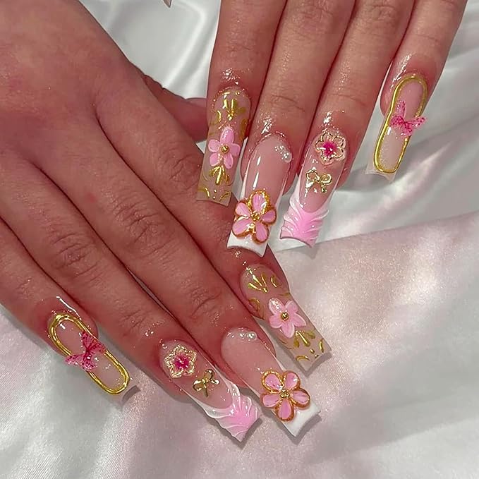 24Pcs Long Press on Nails French Tip Fake Nails with 3D Flower Butterfly Designs Pink Gold Floral Bow Nail Charms Artificial Acrylic Nails Luxury Glue on False Nails for Women Manicure Decorations