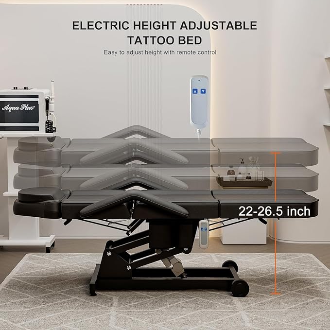 Icoget Electric Spa Tattoo Chair – Esthetician Bed for Lash Extensions, Facial, Waxing, Microblading, White Adjustable Massage Table with Remote Control, Black