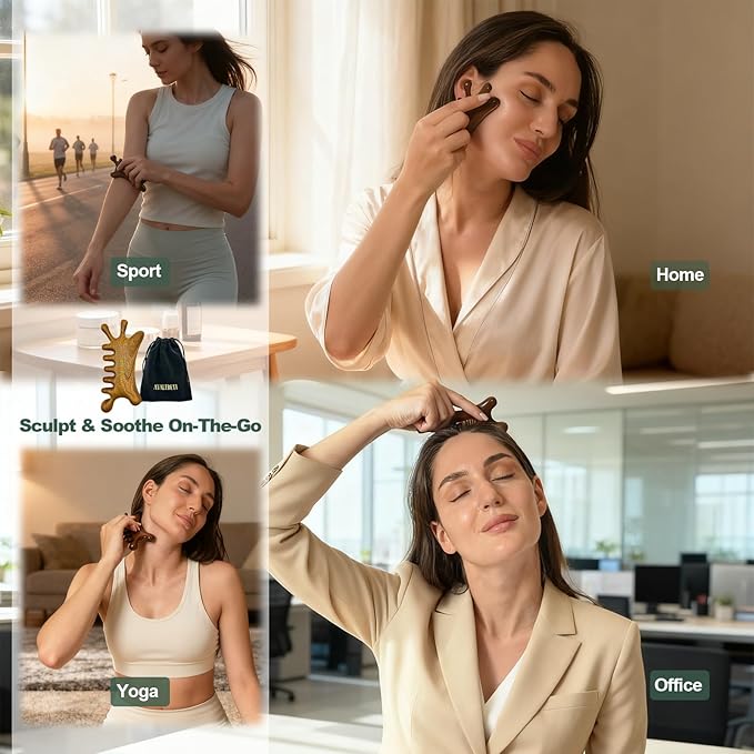 6-in-1 Gua Sha Tool for Face & Body, Natural Sandalwood – Lymphatic Drainage, Jaw Lifting & Nose Sculpting, Head Scalp Massage Comb for Stress Relief, Home Office Self Care Gifts for Women