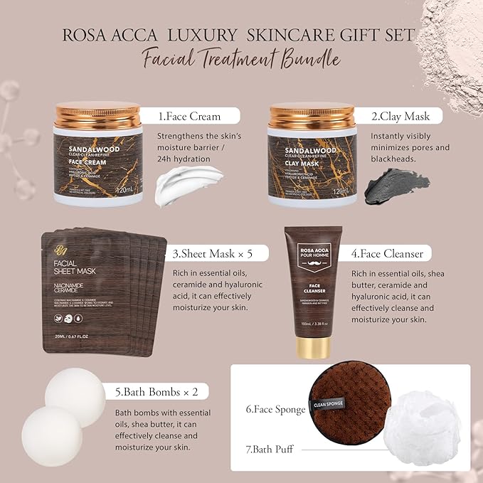 Christmas Gifts for Men, 30 Pcs Men Sandalwood Beard Grooming Set, Facial Skin Care Set, Bath & Body Gift Kit, Face Cleanser, Bath Bomb, Serum, Birthday, Valentines, Father Day, Husband, Holiday