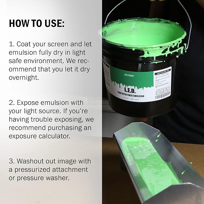Ecotex® L E D Green Screen Printing Emulsion (Gallon - 128oz.) Pre - Sensitized Photo Emulsion for Silk Screens, Textiles, and Fabric - for Screen Printing Plastisol Ink, Screen Printing Supplies