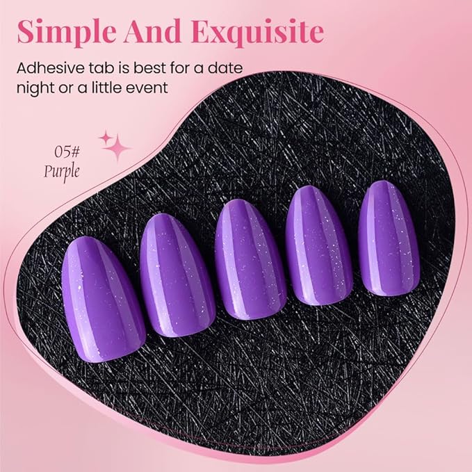 evpct Press on Nails Almond Short, Violet Purple Glitter Shimmer Shiny Short Almond Fake Nails for Women Gift, Soft Gel Press Glue On Nails with Nail Glue 30Pcs Reusable Acrylic Fake Nail Manicure Kit