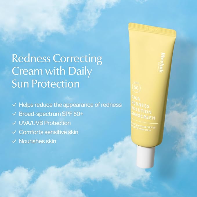 Meebak Cica Redness Correcting Sunscreen SPF 50 | Color-Correcting Moisturizer & Tone-Perfecting Primer with Niacinamide & Centella Asiatica | For Fair-to-Medium Skin Tones | Korean Skin Care