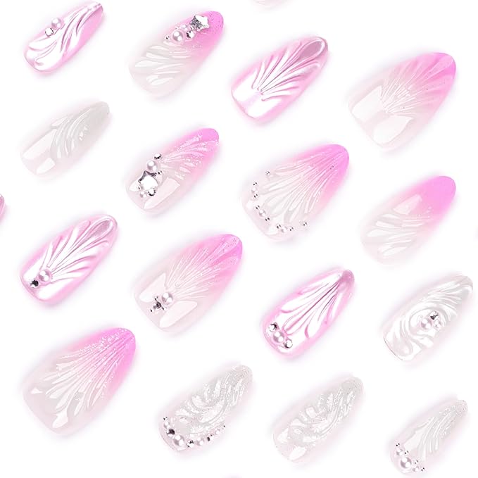 24Pcs Pink Gradient Press on Nails Medium Almond Fake Nails with 3D Pearl Star Shape Rhinestones Shell Design White Pink Nude Ombre French Tip Acrylic False Nails Glue on Nails for Women