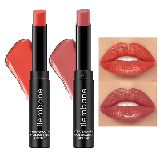 2-Pack Moisturizing Coral Red & Nude Lipstick Set – Hydrating Creamy Lip Color for Dry, Cracked Lips, Weightless Glossy Lip Balm with Vitamin E, Long Lasting Vegan Lipstick