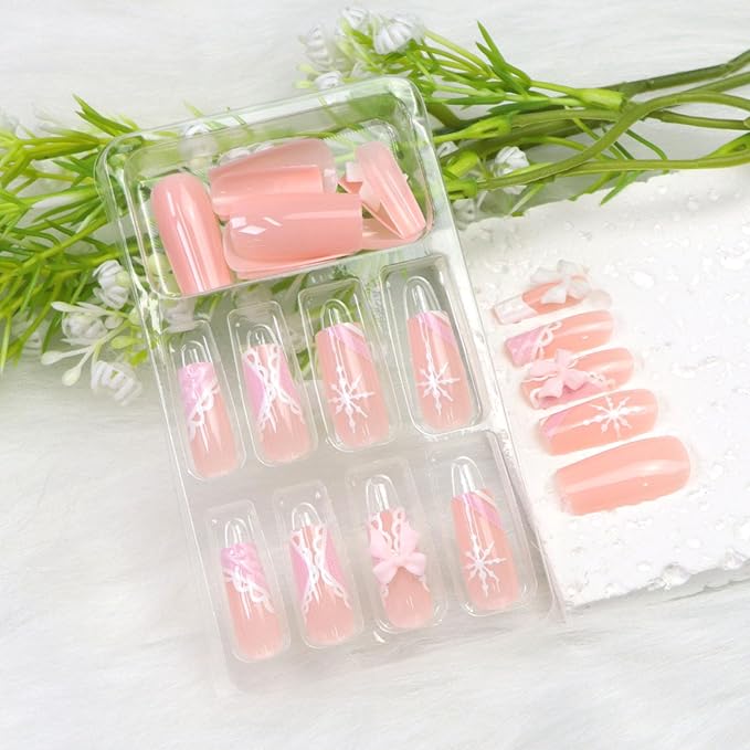 Winter Press on Nails Medium Square Fake Nails Pink White French Nails Press ons with 3D Bow Snowflakes Designs Xmas False Nails for Women 24Pcs