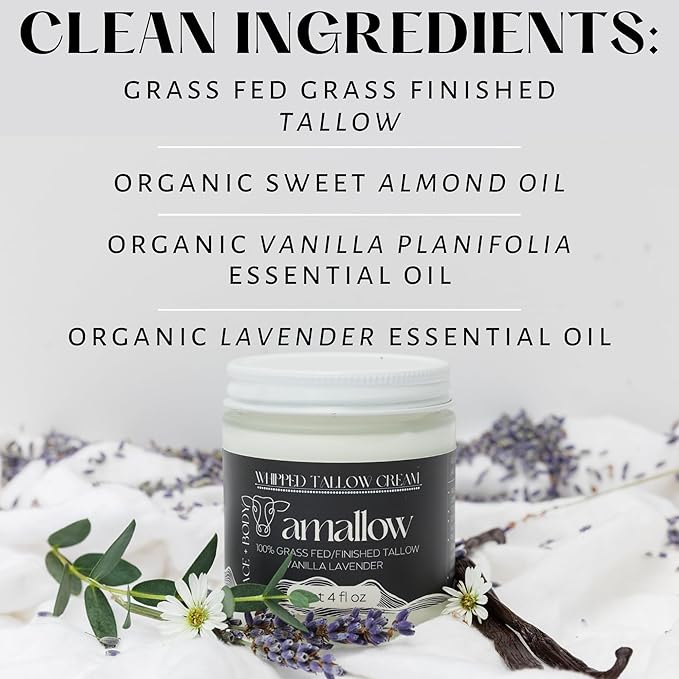 Amallow 100% Grass Fed Beef Tallow for Skin Care - Face + Body - Whipped Moisturizer - Natural Lotion, 4 FL. oz. (Vanilla Lavender)