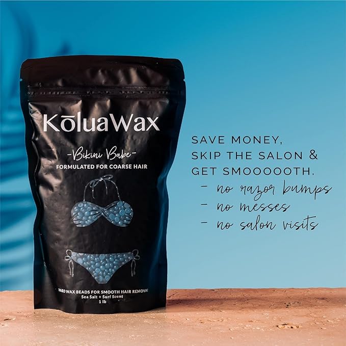KoluaWax Hard Wax Beads for Hair Removal – Coarse Hair Formula – Face, Brazilian, Underarms, Back Chest, Bikini Waxing – Sea Salt & Surf, 1lb Refill for Wax Warmers & 10 Large Applicator Sticks