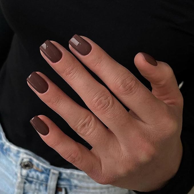 48Pcs Brown Press on Nails Short Square Fake Nails Glue on Gel Press ons Acrylic Nails Stick on False Nail for Women, Natural Handmade Thick Extra Short Nail Small Petite