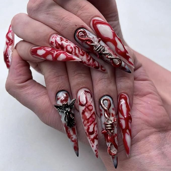 IMRAIN Press on Nails Long Stiletto Fake Nails 3D Red Ombre & Metal Angel Charms Designs Full Cover Glossy Nude Glue on Nails Halloween Artificial Reusable False Nails for Women 24Pcs
